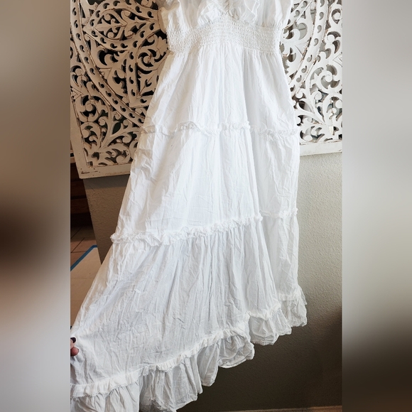 HOUSE OF HARLOW 1969 BOHEMIAN WHITE RUFFLE DRESS SMOKEY WAIST MAXI DRESS SZ LARG - Picture 12 of 13